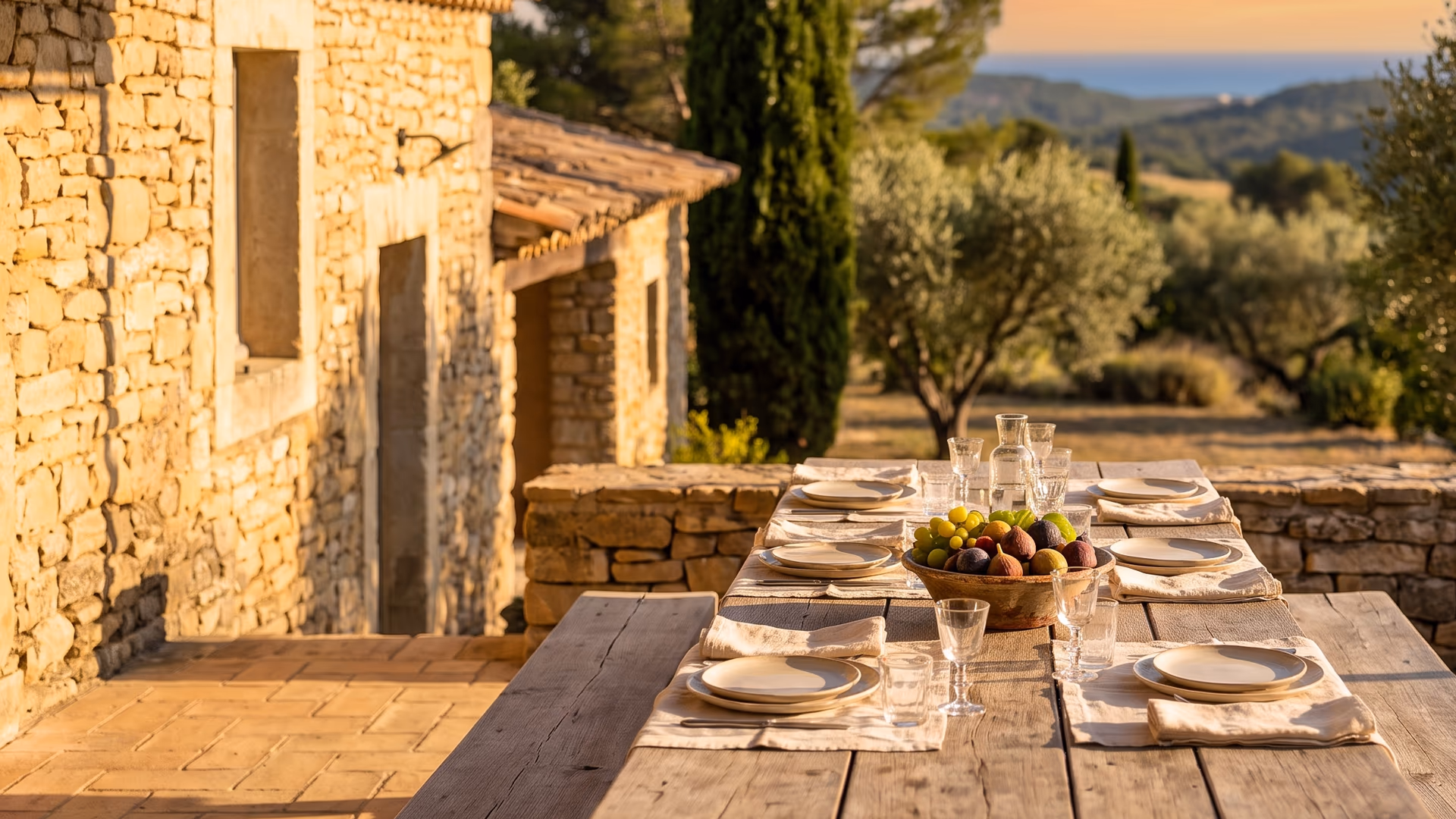 Table dressée sur la terrasse en pierre d'une maison du Sud de la France, au coucher du soleil