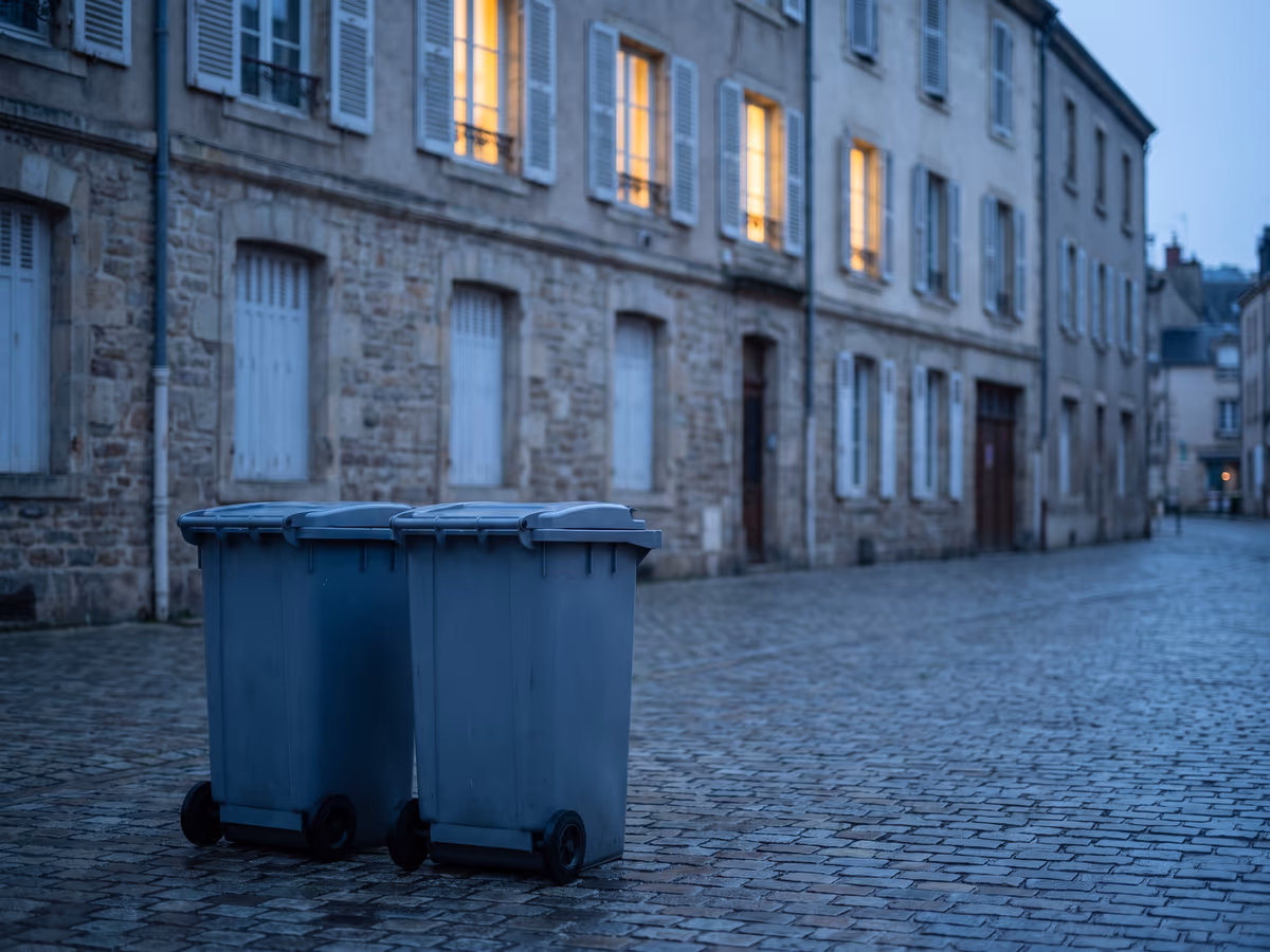Deux containers gris sortis sur le pavé devant un immeuble, à l'aube