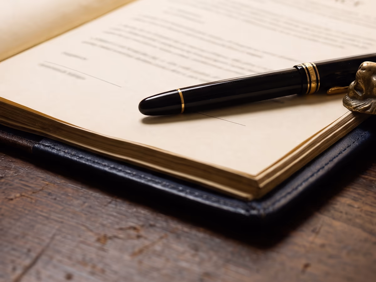 Contrat relié ouvert sur une table en bois, un stylo posé en travers des pages