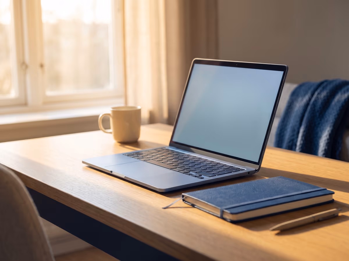 Ordinateur portable ouvert et carnet posés sur un bureau clair, à côté d'une tasse de café
