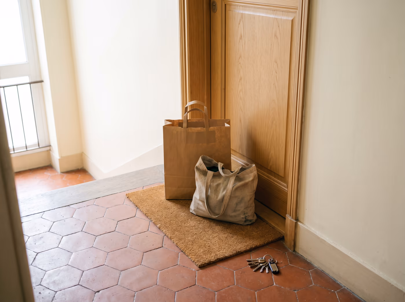Courses et trousseau de clés déposés devant la porte d'un appartement sur un palier en tomettes